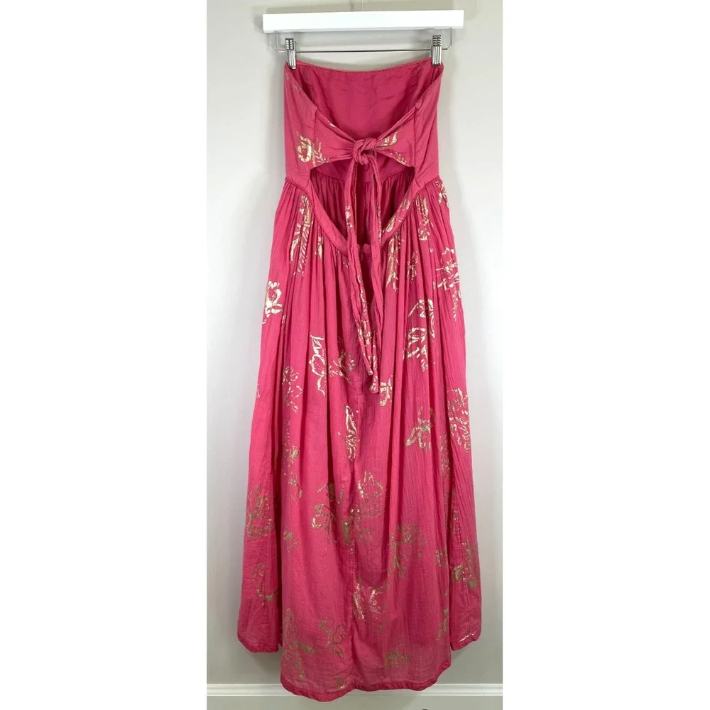 Free People Baja Babe Midi Dress M Hot Pink Gold Foil Strapless Boho OB1104493